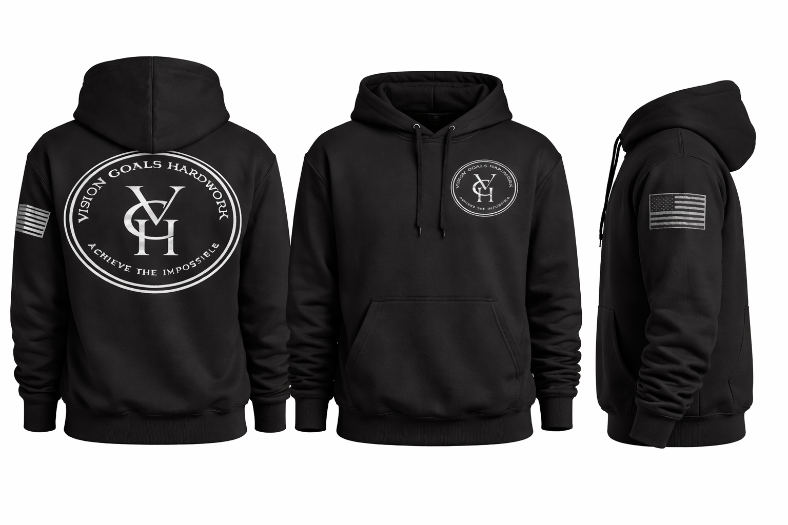 Black Hoodie with White Emblem and Flag