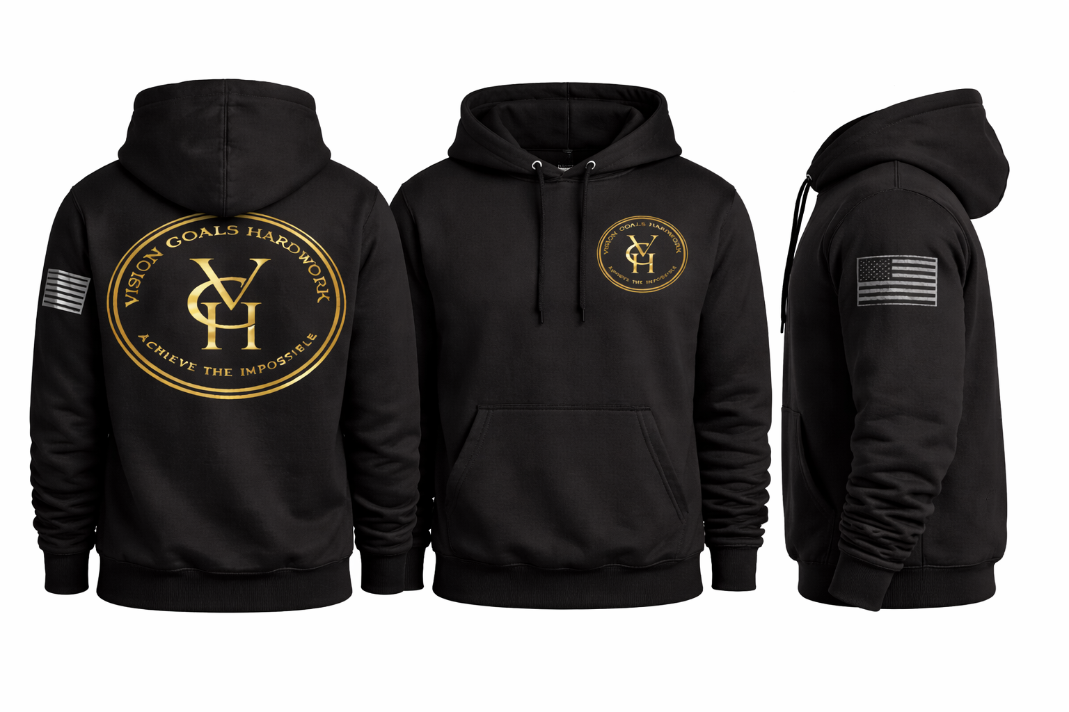 Black Hoodie with Gold Emblem and Flag