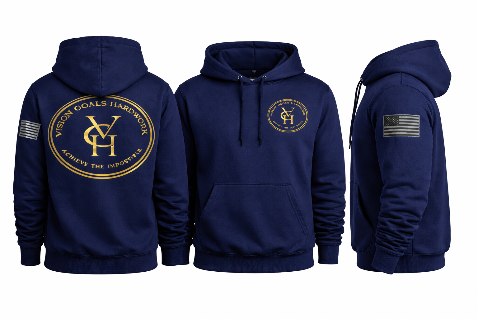 Navy Blue Hoodie with Gold Emblem and Flag
