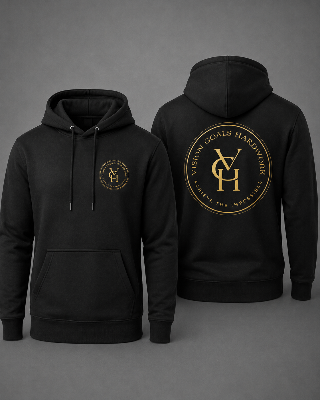 A black long-sleeve hoodie shown from both the front and back against a neutral gray background. The front features a small circular gold logo on the left chest, and the back features a large circular gold logo with the initials 'VGH' and the text 'VISION GOALS HARDWORK' and 'ACHIEVE THE IMPOSSIBLE'. 
