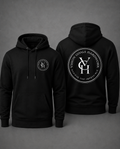 A Black hoodie shown from both the front and back on a dark gray studio background. The front features a small circular gold logo on the left chest, and the back features a large circular gold logo with the initials 'VGH' and the words 'VISION GOALS HARDWORK' and 'ACHIEVE THE IMPOSSIBLE.