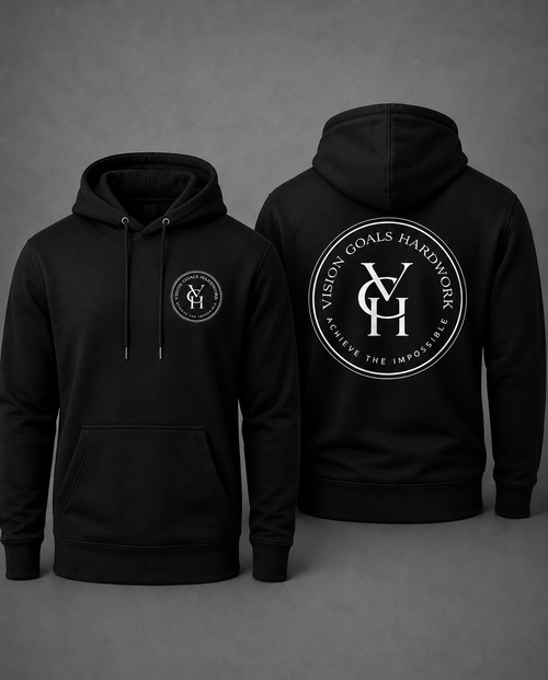 A Black hoodie shown from both the front and back on a dark gray studio background. The front features a small circular gold logo on the left chest, and the back features a large circular gold logo with the initials 'VGH' and the words 'VISION GOALS HARDWORK' and 'ACHIEVE THE IMPOSSIBLE.