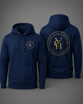 A Navy Blue hoodie shown from both the front and back on a dark gray studio background. The front features a small circular gold logo on the left chest, and the back features a large circular gold logo with the initials 'VGH' and the words 'VISION GOALS HANDWASHED' and 'ACHIEVE THE IMPOSSIBLE.