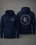 Navy Blue hoodies shown against a dark gray studio background, displaying the front and back views. The front hoodie features a small white circular logo on the left chest, while the back hoodie features a large white circular graphic with the letters 'VGH' and the text 'VISION GOALS HARDWORK' and 'ACHIEVE THE IMPOSSIBLE." 
