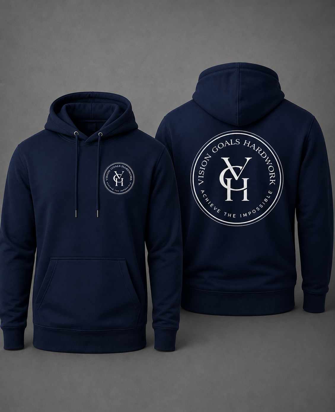 Navy Blue hoodies shown against a dark gray studio background, displaying the front and back views. The front hoodie features a small white circular logo on the left chest, while the back hoodie features a large white circular graphic with the letters 'VGH' and the text 'VISION GOALS HARDWORK' and 'ACHIEVE THE IMPOSSIBLE." 