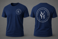 A navy blue short-sleeve t-shirt shown from both the front and back against a neutral gray background. The front features a small white circular logo on the left chest, while the back displays a large white circular logo with the letters 'VGH' and the words 'VISION GOALS HARDWORK' and 'ACHIEVE THE IMPOSSIBLE'.