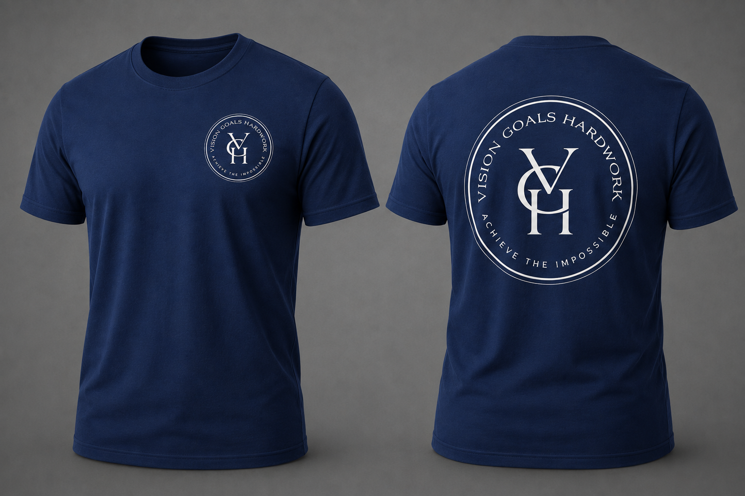 A navy blue short-sleeve t-shirt shown from both the front and back against a neutral gray background. The front features a small white circular logo on the left chest, while the back displays a large white circular logo with the letters 'VGH' and the words 'VISION GOALS HARDWORK' and 'ACHIEVE THE IMPOSSIBLE'.