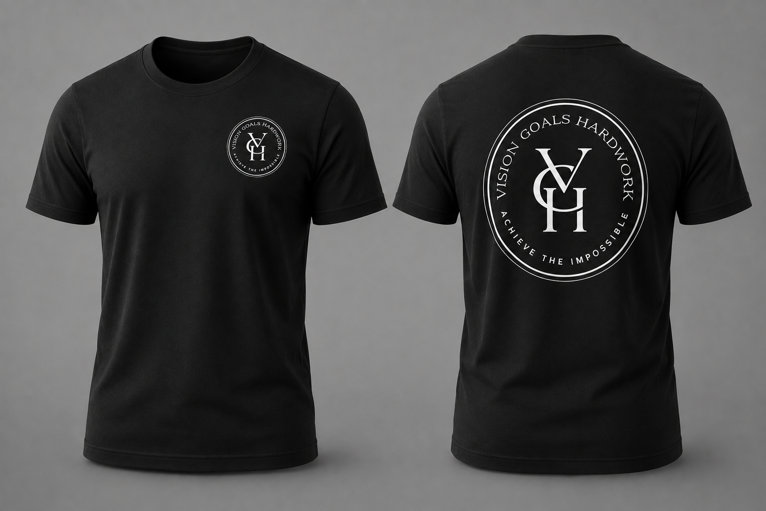 Black short-sleeve crewneck T-shirt shown from the front and back on a gray studio background. The front has a small white circular logo on the left chest, and the back has a large white circular logo with the letters "VGH", the words 'VISION GOALS HARDWORK' and 'ACHIEVE THE IMPOSSIBLE'.