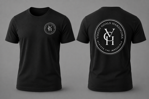 Black short-sleeve crewneck T-shirt shown from the front and back on a gray studio background. The front has a small white circular logo on the left chest, and the back has a large white circular logo with the letters "VGH", the words 'VISION GOALS HARDWORK' and 'ACHIEVE THE IMPOSSIBLE'.